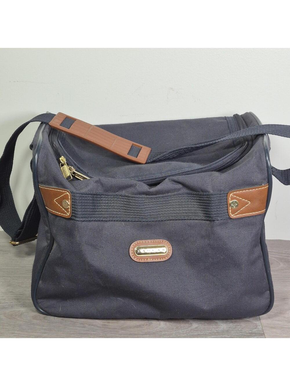 Vintage Jaguar Canvas Faux Leather Duffle Bag Navy Blue Large 90s Travel Luggage